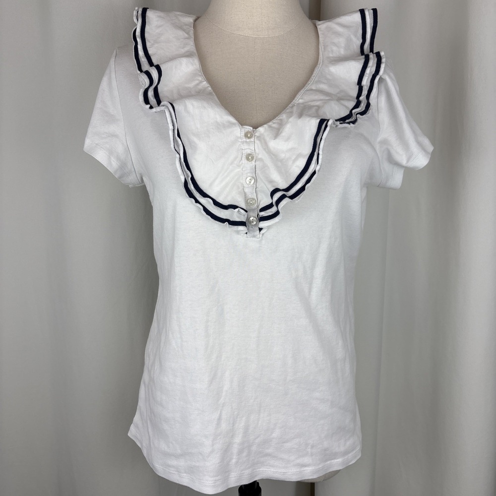 Ralph Lauren Women XL White Navy Blue T Shirt Ruffle Cotton Knit Short Sleeve